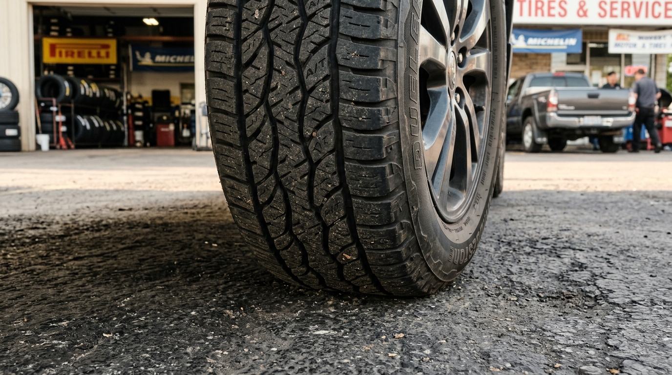 Close up photo of high-quality tire tread on asphalt road at LKB Tires in Salisbury MA