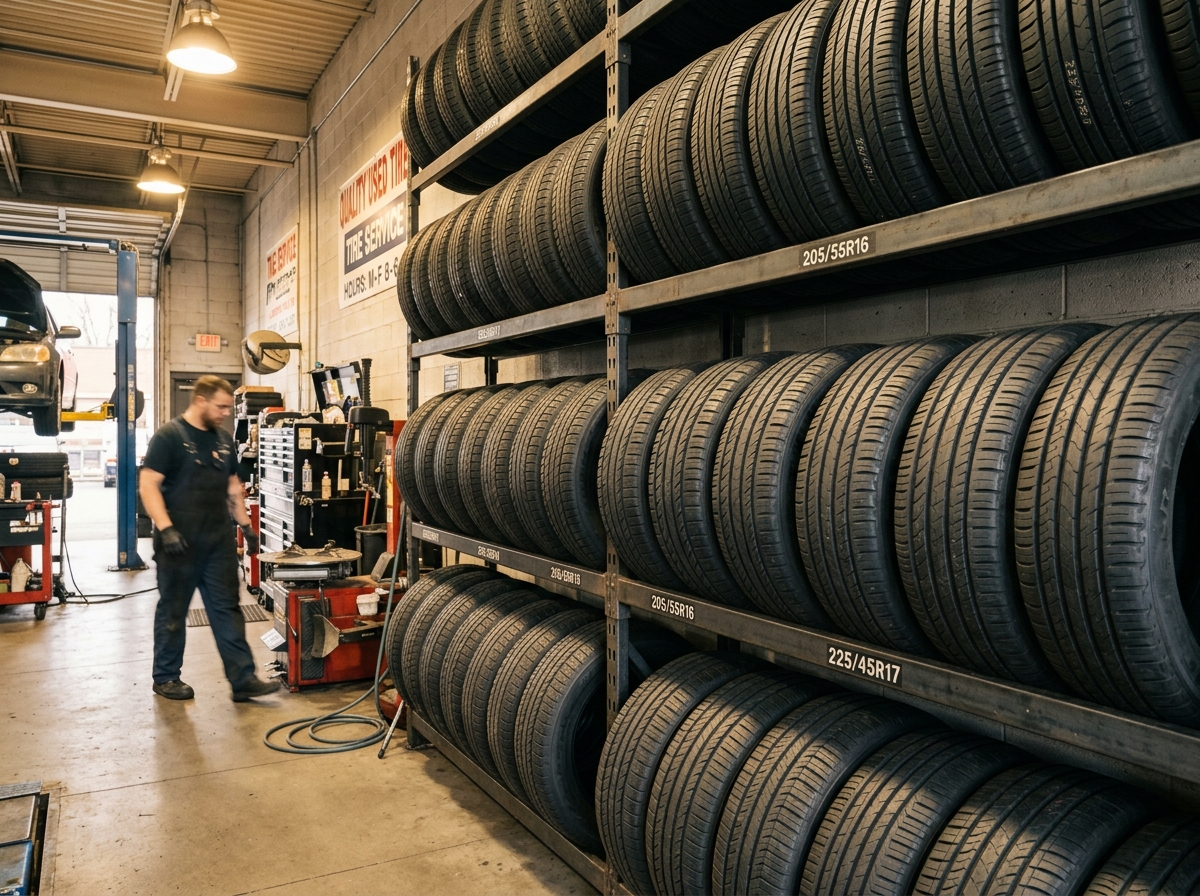 Neatly stacked quality used tires inside LKB Tires workshop in Salisbury MA